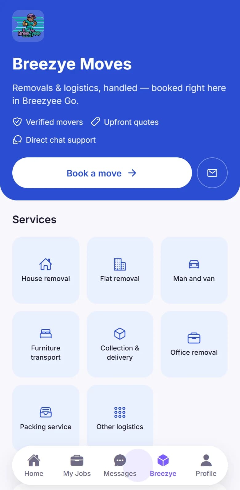 The Breezyee Moves tab in the Breezyee Go app, showing removals and logistics services to book.