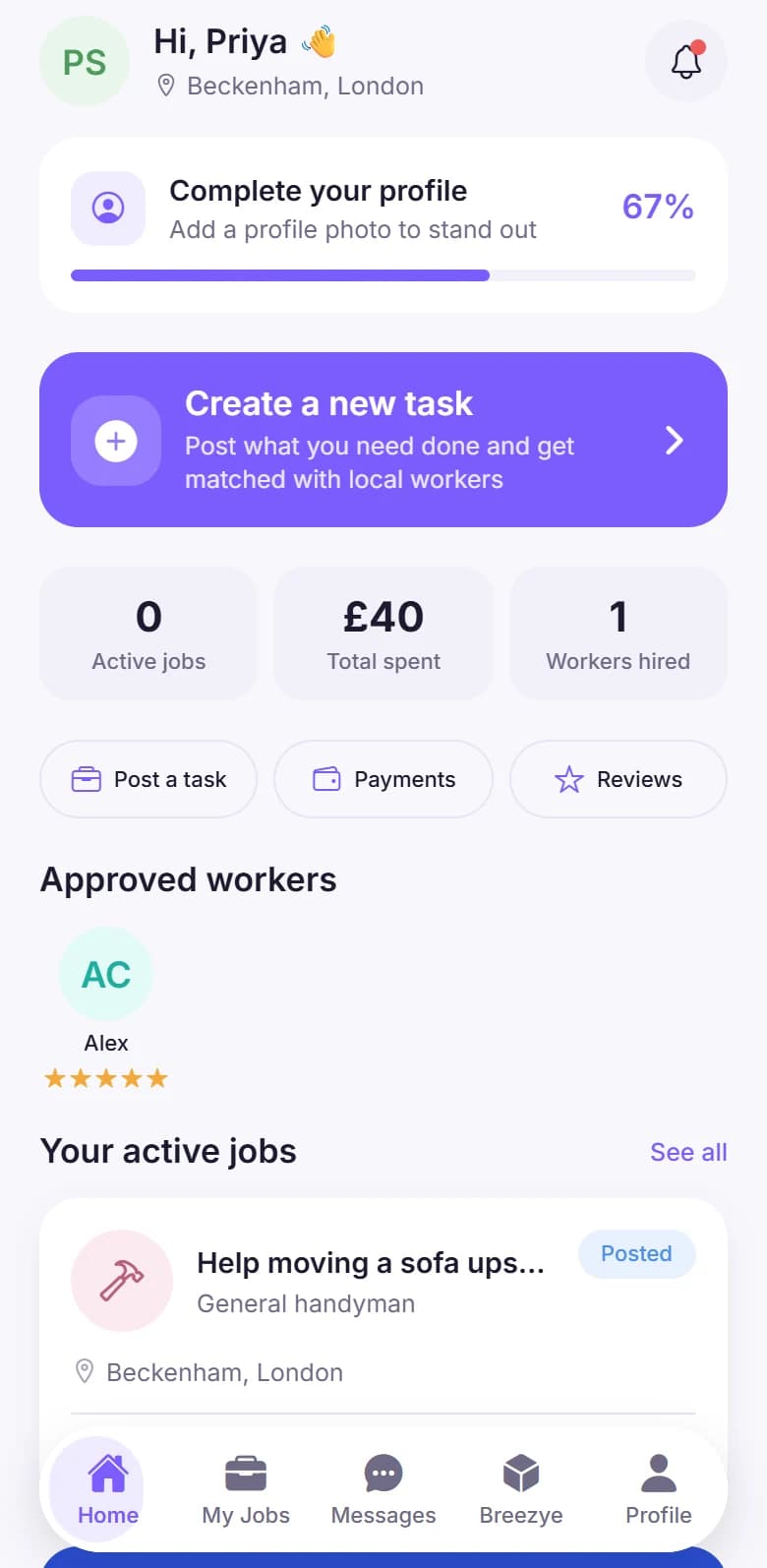 The Breezyee Go customer home screen with a “Create a new task” button and job stats.