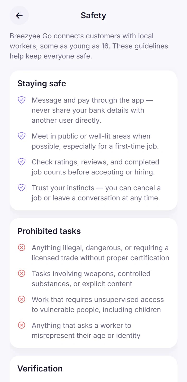 The Safety screen in Breezyee Go, listing safety tips and prohibited tasks.