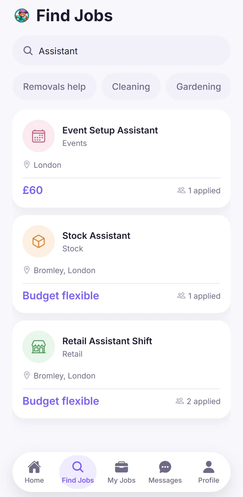 The Breezyee Go Find Jobs screen listing local jobs that workers can apply for.