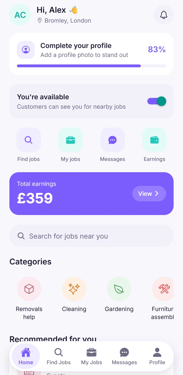 The Breezyee Go worker home screen with availability toggle and earnings summary.