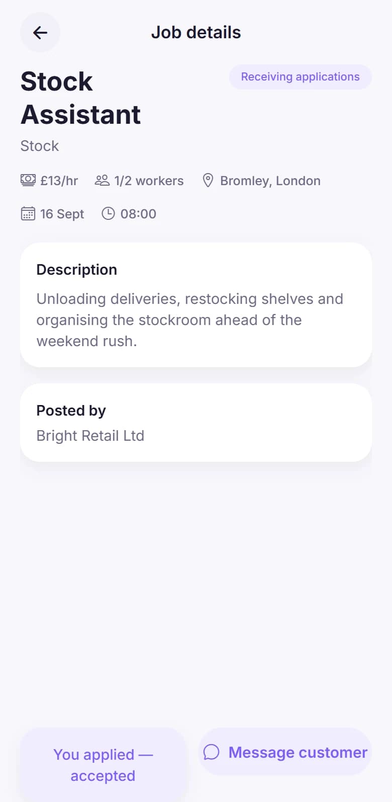 A Breezyee Go job details screen showing the pay, location, date and description of a job.