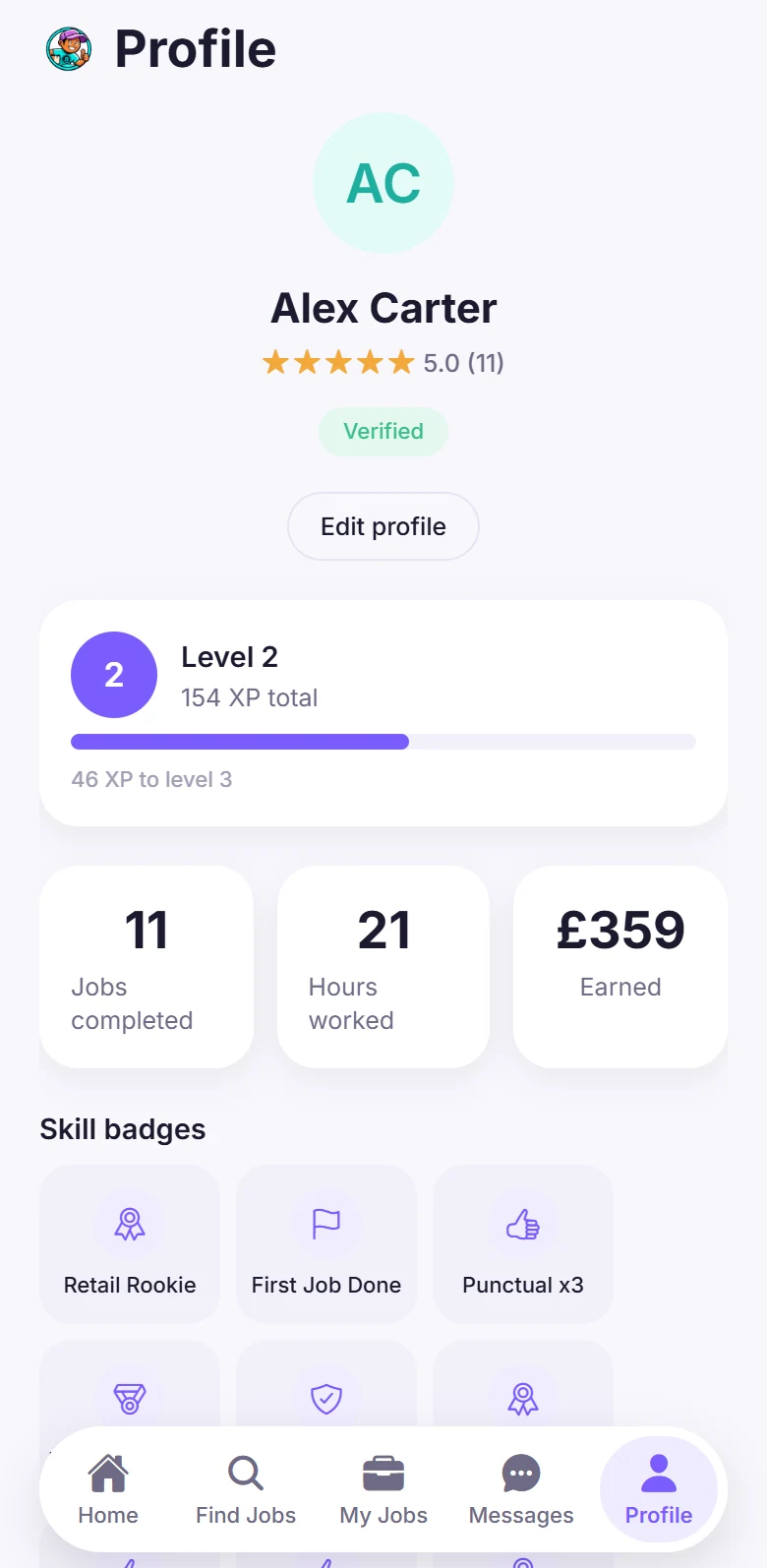 A Breezyee Go worker profile showing a verified badge, star rating and completed jobs.